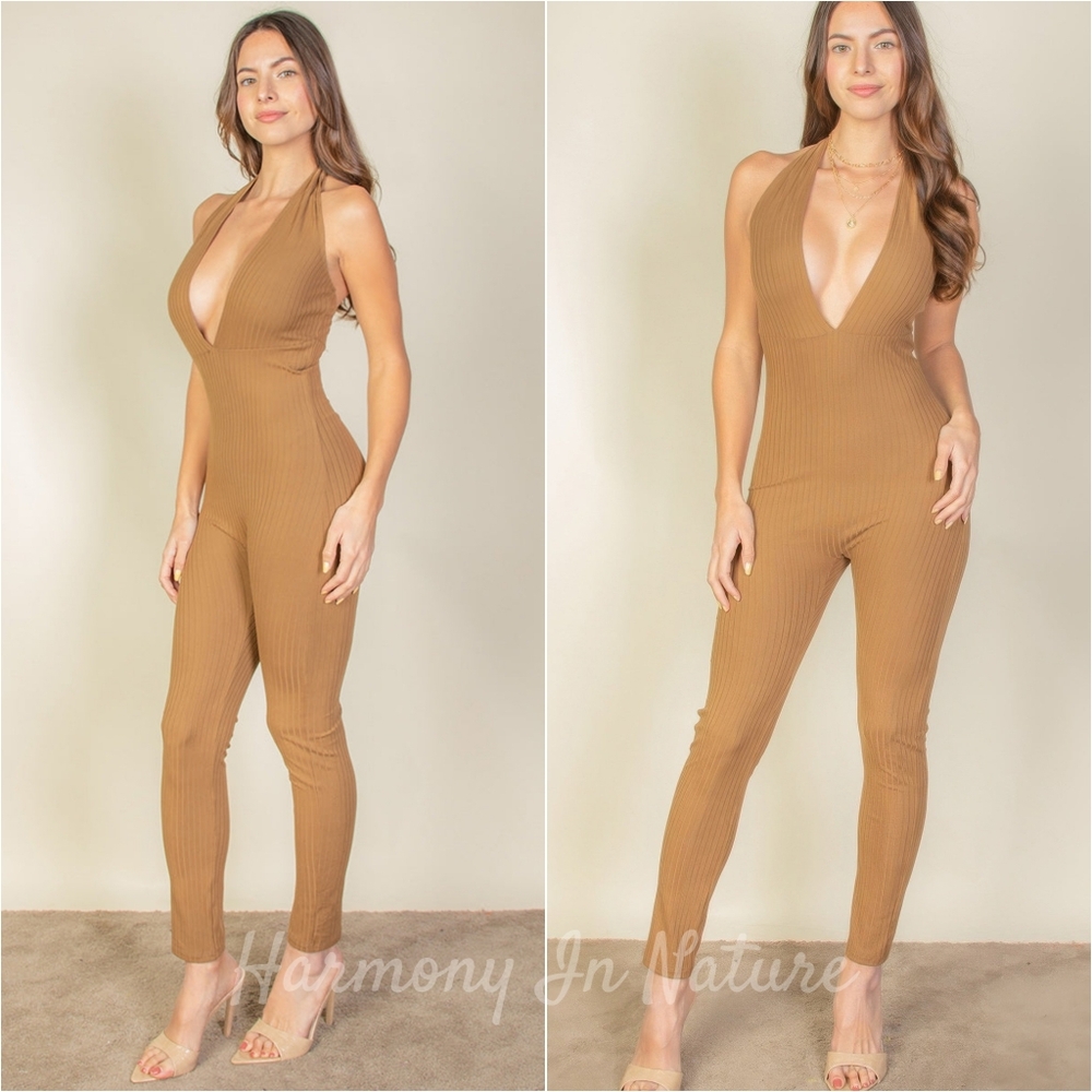 Harmony Deep Dive Bodycon Jumpsuit - Mocha